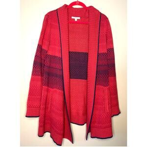 CAbi Joy Cardigan Sweater Open Front Red Two Tone Cotton Blend Size Medium